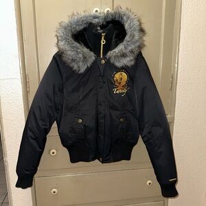 Y2K Lot 29 Tweety Puffer Jacket with Faux Fur Hood